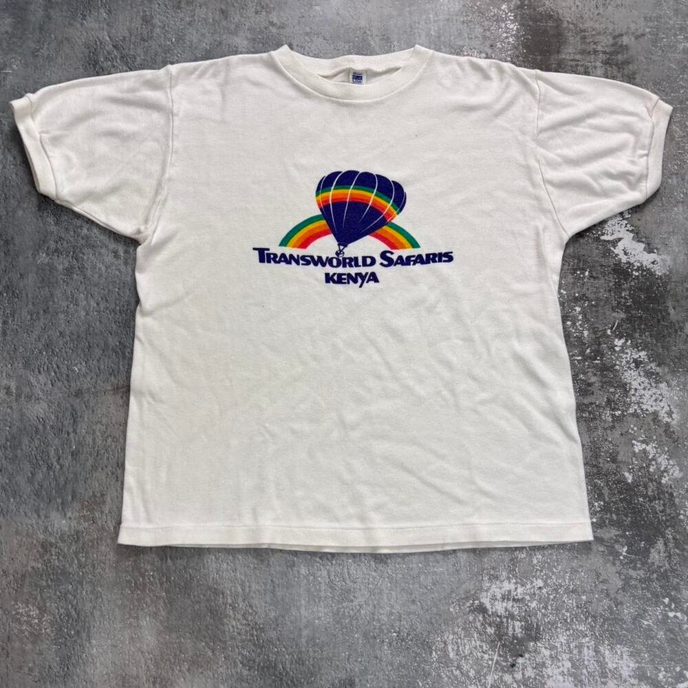 Vintage 80s Kenya Safari White T Shirt. Hot Air Balloon Rainbow.
